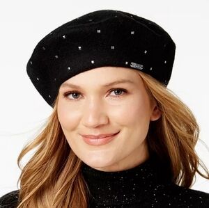 EUC Calvin Klein Black Wool Silver Rhinestone Studded Hat Beret!!